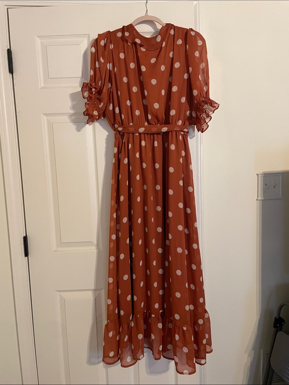 LC Lauren Conrad Rust & White Polka Dot Wrap Maxi Dress - Picture 2 of 3